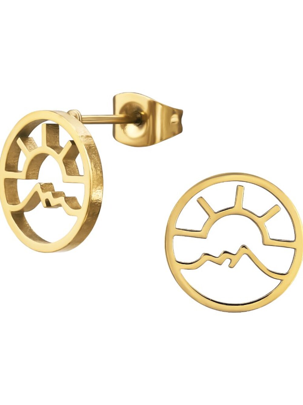Gold Sunset and Mountain Stud Earrings – Stainless Steel and Waterproof